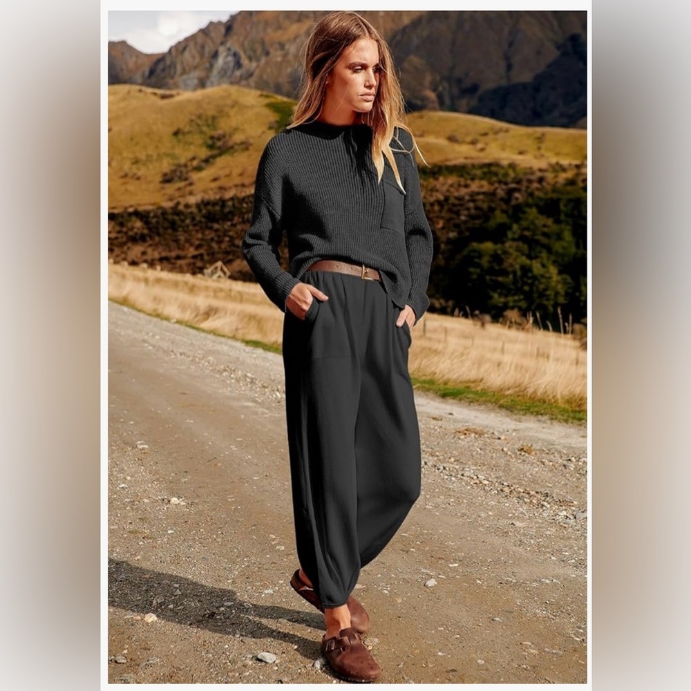 Woman’s Two Piece Long Sleeve Knit Sweater Oversized Wide Leg Joggers Large - Picture 2 of 12